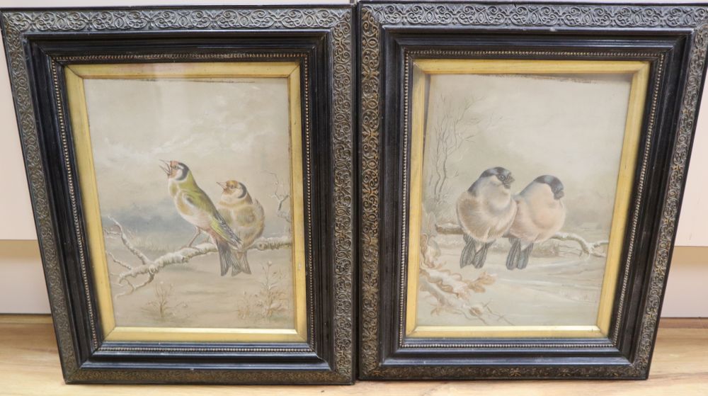 W.H. Hawkins, pair of oils on board, Bull finches and Gold finches in winter, signed, 26 x 19cm